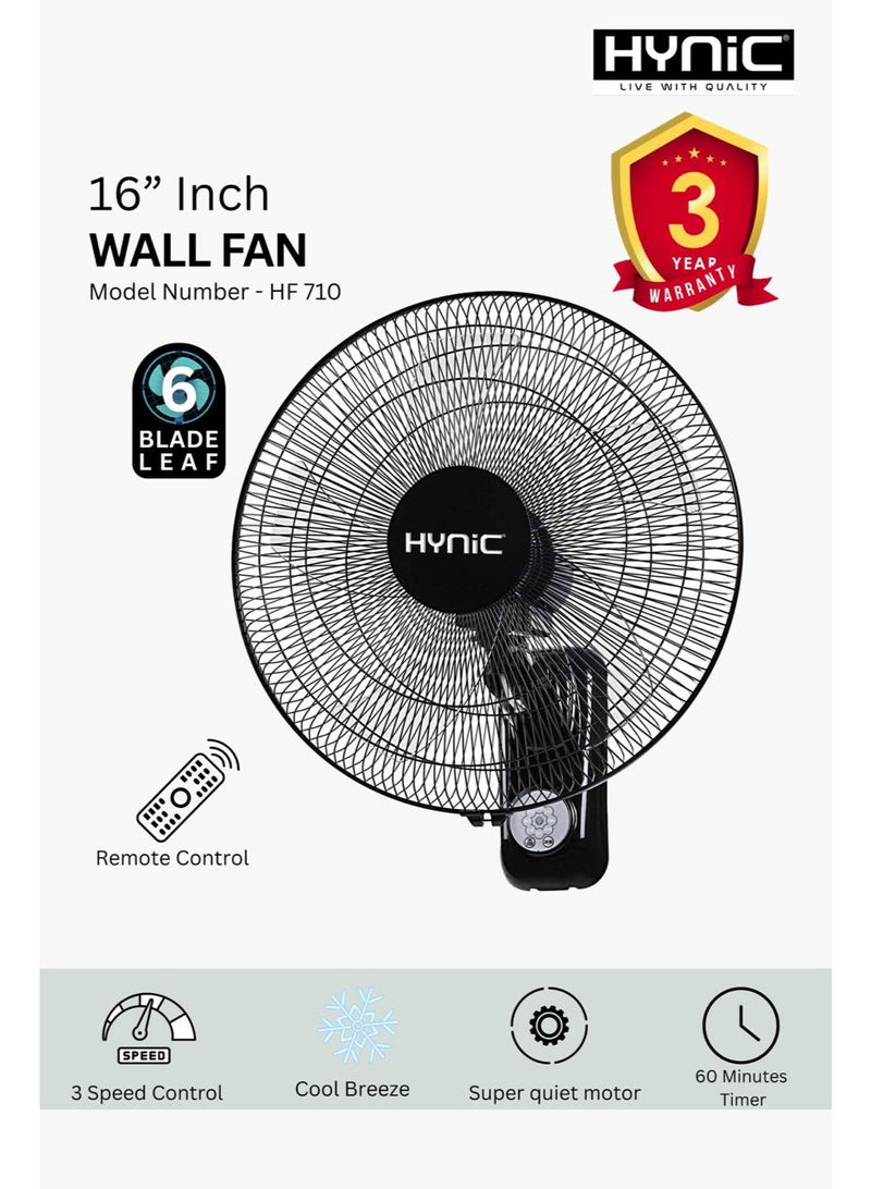Hynic 16-Inch Wall Mounted Fan | 70W High Performance Motor | 6 Transparent AS Blades | 3-Speed Control with Remote & Touch Button | 60-Minute Timer & Adjustable Tilt - Image 1