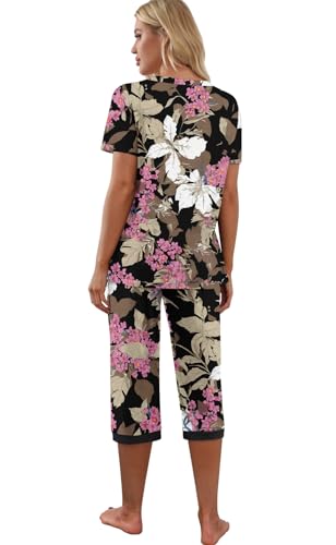 PrinStory Womens Pajama Sets Summer Ladies Pjs 2 Piece Loungewear Capri with Pockets 2XL,FP-Big Leaf Pink - Image 5