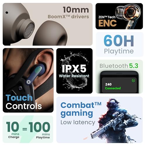 GOBOULT Z40 True Wireless in Ear Earbuds with 60H Playtime, Zen™ ENC Mic, Low Latency Gaming, Type-C Fast Charging, Made in India, 10mm Rich Bass Drivers, IPX5, Ear Buds TWS (Blue) - Image 3