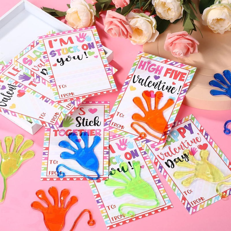 klarako 36 Pieces Valentine's Day Cards Kids Sticky Hands Valentines Exchange Cards, Stretchy Slap Hand Valentine's Greeting Cards with Stretchy Snap Toy for Kid School Classroom Prize Party Favors - Image 4