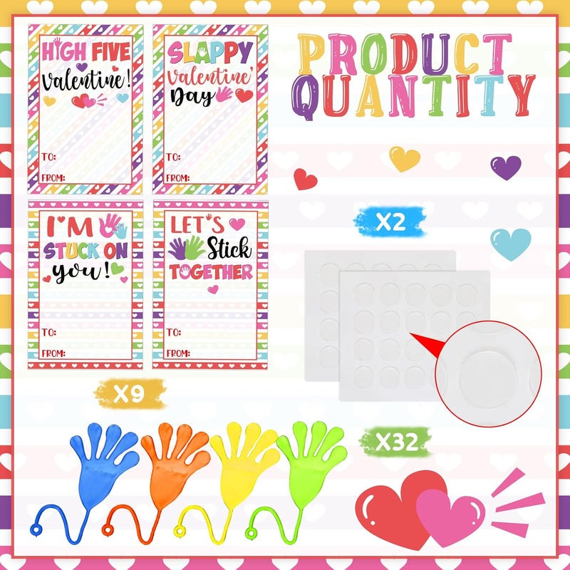 klarako 36 Pieces Valentine's Day Cards Kids Sticky Hands Valentines Exchange Cards, Stretchy Slap Hand Valentine's Greeting Cards with Stretchy Snap Toy for Kid School Classroom Prize Party Favors - Image 3