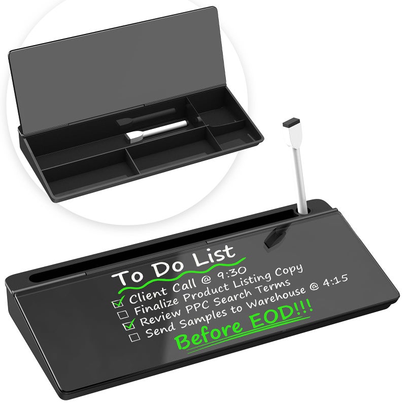 DMTVAL Glass Desktop Whiteboard, Dry Erase Board with Marker Holder, Computer Monitor Message Board and Desk Organizer for Home, Office and School Supplies (Black) - Image 1