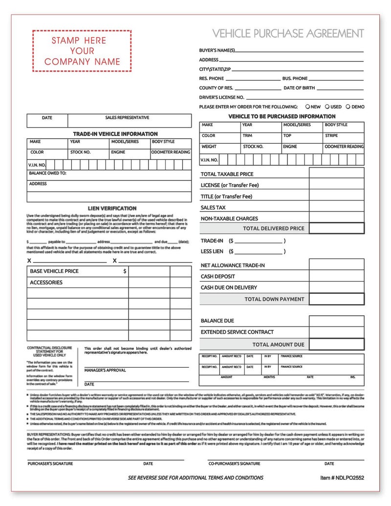 NextDayLabels Used Vehicle Automotive Bill of Sale Purchase Agreement 2 Part