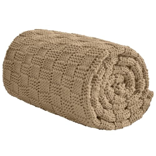 Wellfeel Knitted Weighted Blanket for Adult, No Beads Heavy Blanket 50” x 60'' 7lbs, Breathable Chunky Knit Blanket, Cooling Weighted Blanket for Hot Sleepers, Christmas Home Decor (Camel) - Image 1