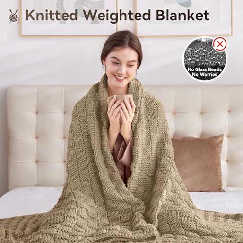 Wellfeel Knitted Weighted Blanket for Adult, No Beads Heavy Blanket 50” x 60'' 7lbs, Breathable Chunky Knit Blanket, Cooling Weighted Blanket for Hot Sleepers, Christmas Home Decor (Camel) - Image 5