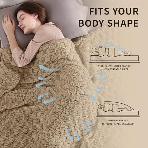 Wellfeel Knitted Weighted Blanket for Adult, No Beads Heavy Blanket 50” x 60'' 7lbs, Breathable Chunky Knit Blanket, Cooling Weighted Blanket for Hot Sleepers, Christmas Home Decor (Camel) - Image 3