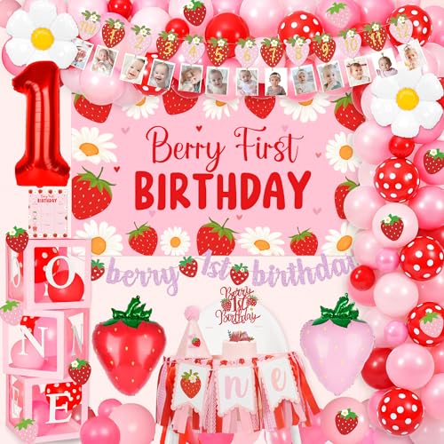 Kriyokiaa Berry First Birthday Decor Strawberry 1st Birthday Decorations for Girls with Balloon Arch, Highchair Banner Strawberry Theme Backdrop, Photo Banner, Cake Topper - Image 1