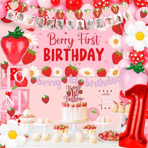 Kriyokiaa Berry First Birthday Decor Strawberry 1st Birthday Decorations for Girls with Balloon Arch, Highchair Banner Strawberry Theme Backdrop, Photo Banner, Cake Topper - Image 5