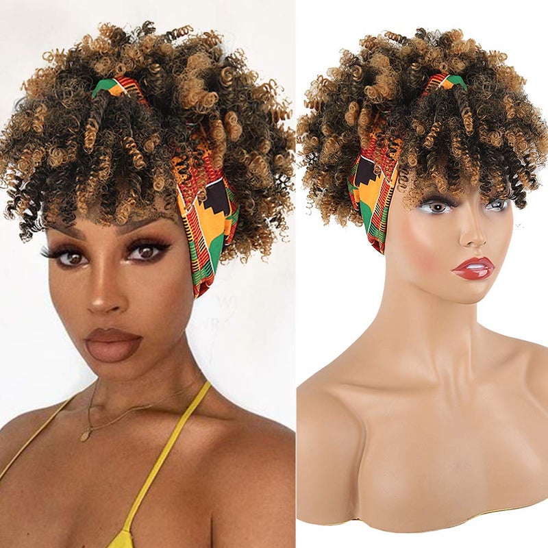Aisaide Wrap Wigs for Black WomenShort Kinky Curly Wigs Brown Wigs with Bangs Headwrap Wigs 2 in 1Synthetic Short Afro Wigs High Puff Full Wigs Ombre Brown Wig with Scarf Turban Drawstring Wig