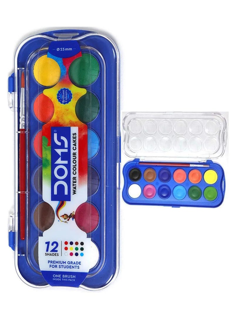 DOMS مجموعة كعكة الألوان المائية مع 12 لونًا وفرشاة طلاء واحدة - Image 1