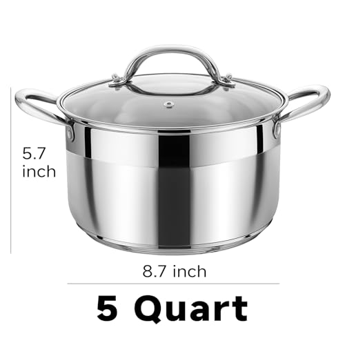 Kirecoo Stainless Steel Stock Pot 5 Quart Heavy Duty Induction Cooking Pot with Visible Lid for Pasta Soup Spaghetti Nonstick Thick Bottom Big Stockpot Deep Cookware for Canning Boiling Simmer - Image 3
