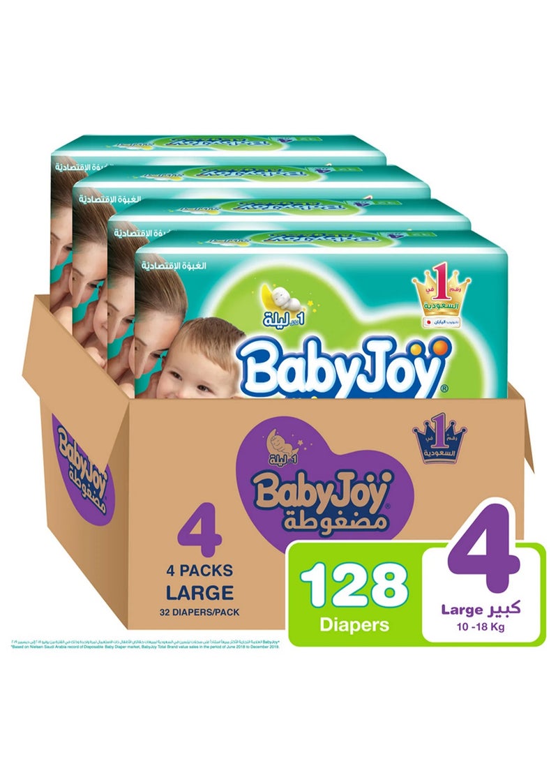 BabyJoy Compressed Diamond Pad Tape Style Diapers, 128 Pieces Total, Size 4 Large Pack of 4, 10-18kg - 12Hrs Leakage Protection, Cottony Soft, Waist Stretch, Breathable