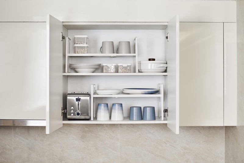 Nxconsu Cabinet Shelf Expandable Height Adjustable Shelf Organizer Riser for Kitchen Cabinet Pantry Cupboard Under Sink Countertop Organization Storage Space Saver Stackable Heavy Duty Metal White XL - Image 5