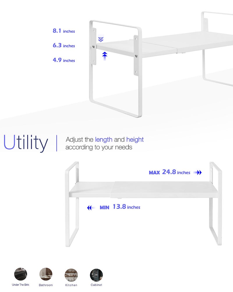 Nxconsu Cabinet Shelf Expandable Height Adjustable Shelf Organizer Riser for Kitchen Cabinet Pantry Cupboard Under Sink Countertop Organization Storage Space Saver Stackable Heavy Duty Metal White XL - Image 4