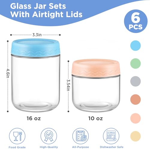 DRKIO 10 & 16 Oz Overnight Oats Containers with Lids - 6 Pack Glass Storage Jars with Airtight Lids Wide Mouth Mason Food Jars Great for Meal Prep Salad Chia Puddirg Snacks Yogurt Sugar Spice Cereal - Image 2