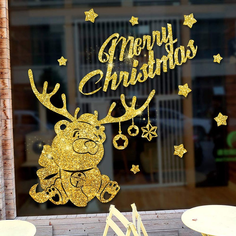 DNVEN Merry Christmas Wall Decals Deer Christmas Golden Cute Elk Gifts Window Decorations Murals Vinyl Bedrooms Living Room Playroom Stickers 26 inches x 28 inches