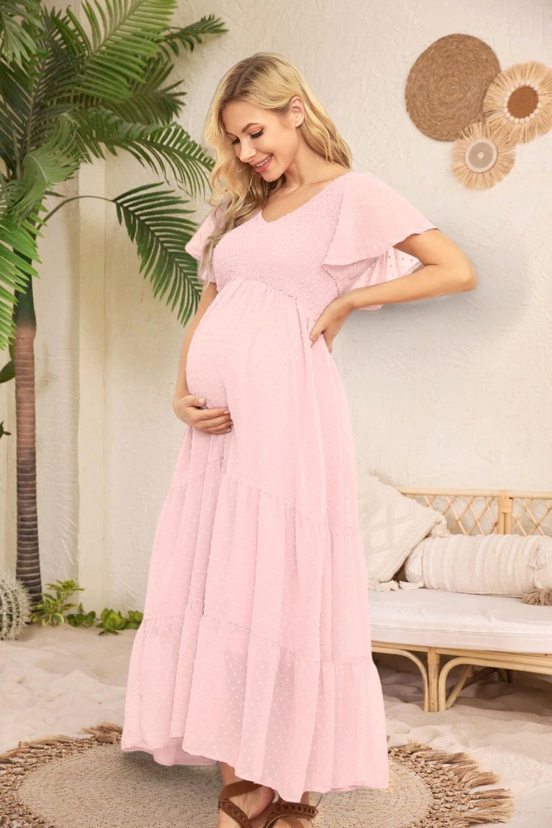 guruixu Swiss Dot Smocked Maternity Dress for Baby Shower Photoshoot Casual V Neck Ruffle Sleeve Empire Waist Tiered Boho Dress - Image 4