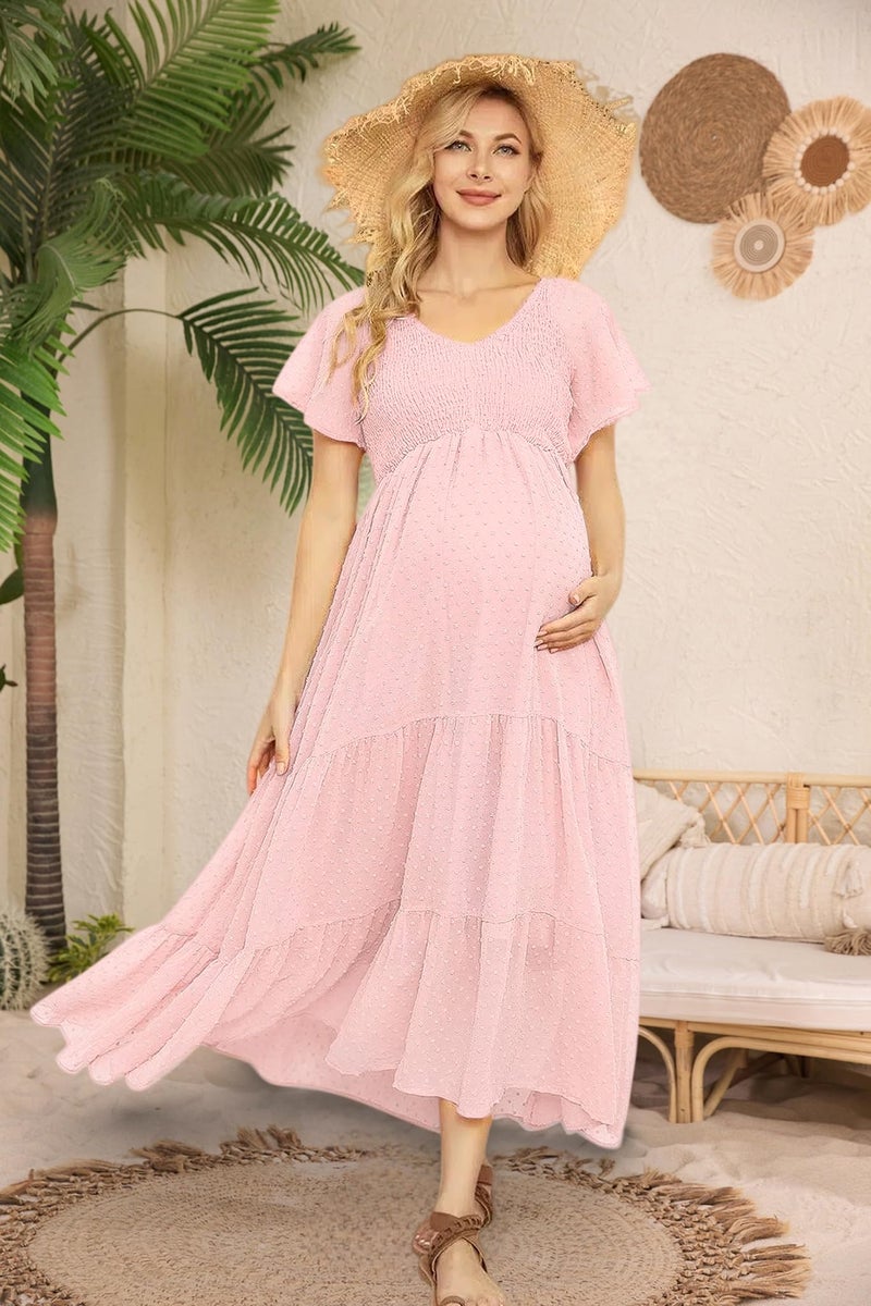 guruixu Swiss Dot Smocked Maternity Dress for Baby Shower Photoshoot Casual V Neck Ruffle Sleeve Empire Waist Tiered Boho Dress - Image 2