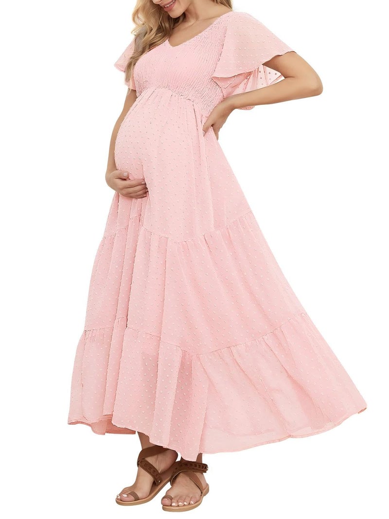 guruixu Swiss Dot Smocked Maternity Dress for Baby Shower Photoshoot Casual V Neck Ruffle Sleeve Empire Waist Tiered Boho Dress - Image 1