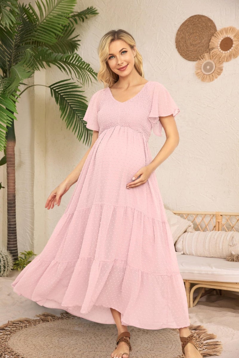 guruixu Swiss Dot Smocked Maternity Dress for Baby Shower Photoshoot Casual V Neck Ruffle Sleeve Empire Waist Tiered Boho Dress - Image 5