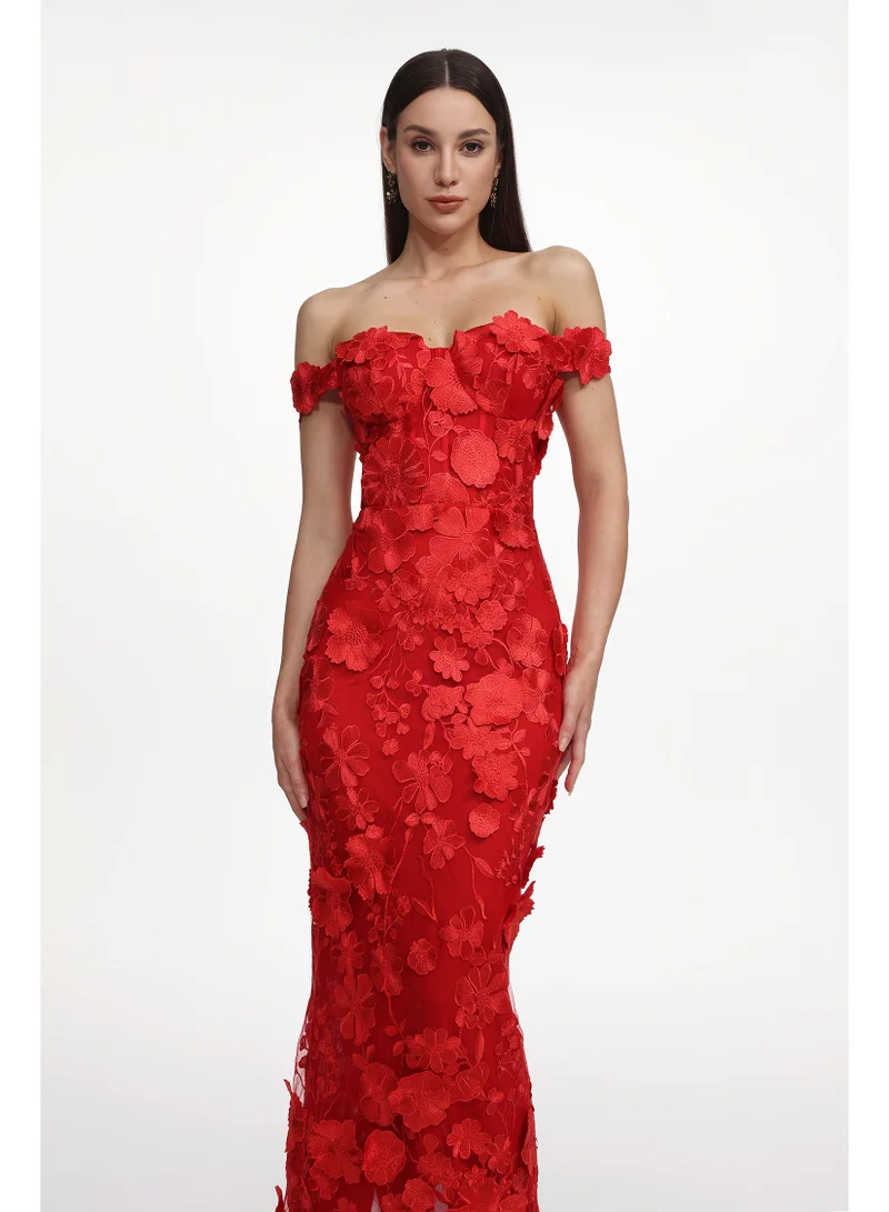 Bella Barnett Romantic Tailored Off Shoulder Floral Embroidered Maxi Dress