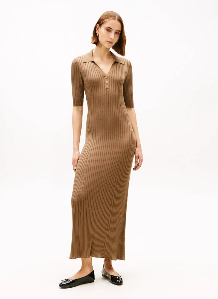 Ribbed Button Detail Collar Neck Short Sleeve Maxi Dress