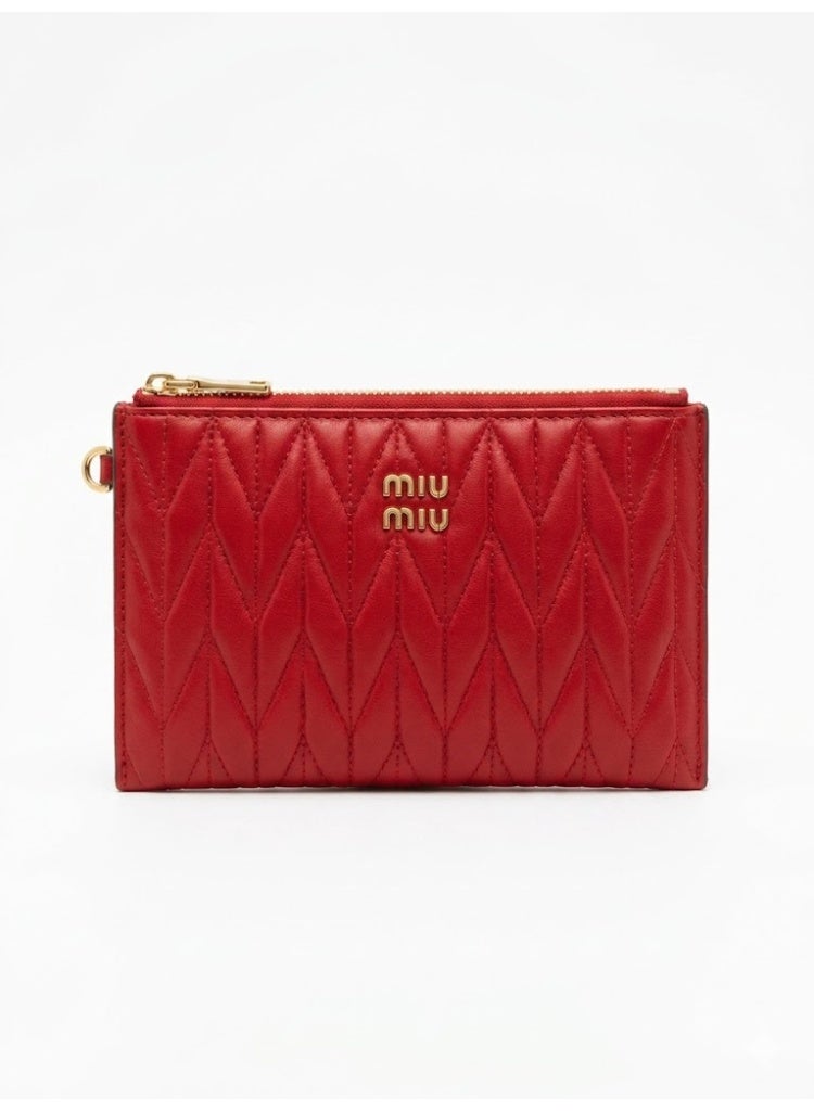 Miu Miu Matelassé Nappa Leather Pouch with Gold-Tone Logo – Rosso Red