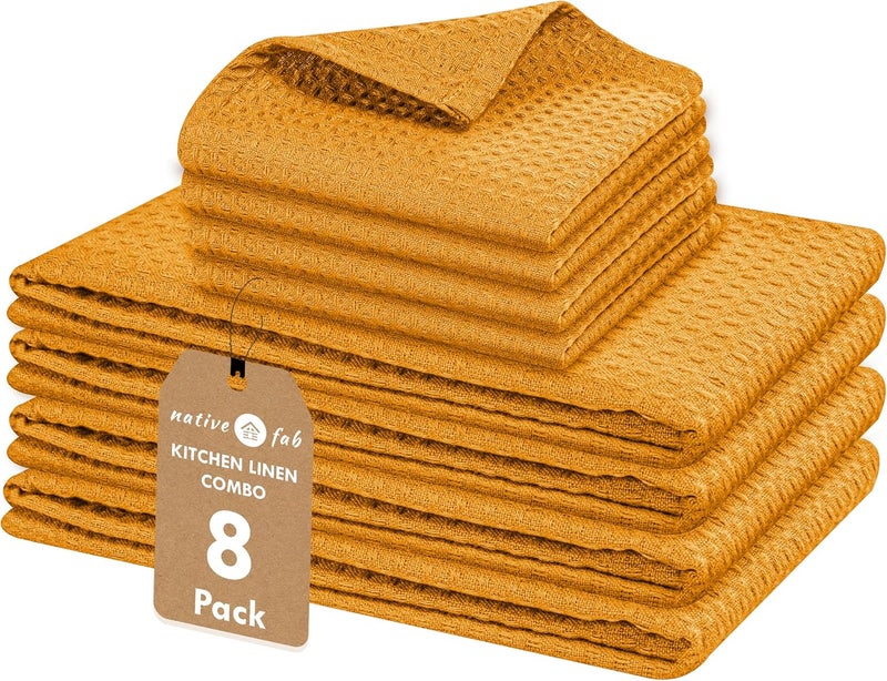Native Fab Cotton Kitchen Towel  Dish Cloth 8 Piece Set  Machine Washable Absorbent  Durable Towels for Cleaning Cooking Baking  Ideal for Home BBQ Everyday Use  Mustard Yellow - Image 1