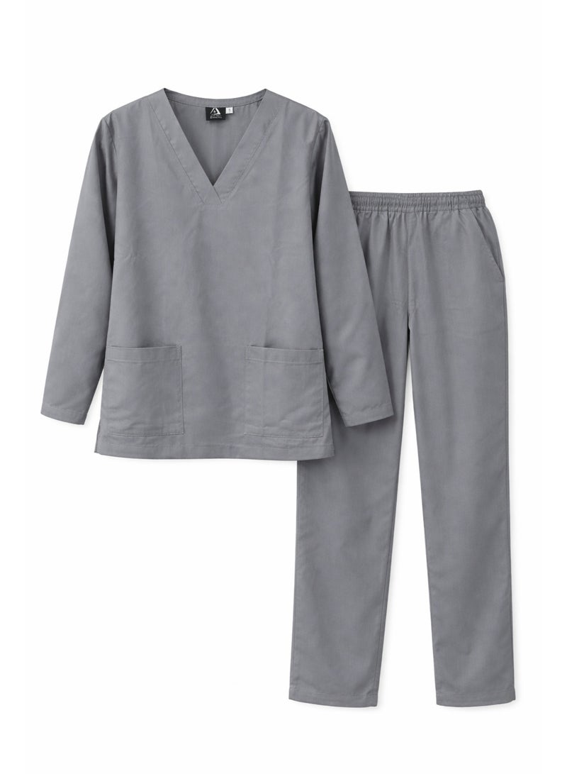 Rannah's Uniform Women’s Medical Scrub Set Grey Long Sleeve V-Neck Top & Elastic Waist Pants - Image 1