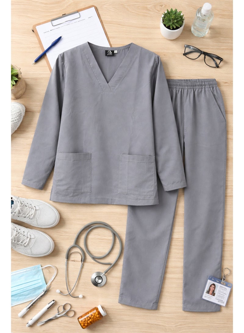 Rannah's Uniform Women’s Medical Scrub Set Grey Long Sleeve V-Neck Top & Elastic Waist Pants - Image 2