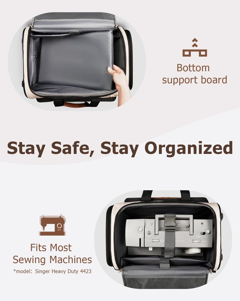Arcoyard Sewing Machine Case with Wheels, Rolling Sewing Machine Carrying Case with Removable Bottom Pad & 2 Packing Cubes Storage, No Installation Required, Compatible with Singer, Brother, Brown - Image 5
