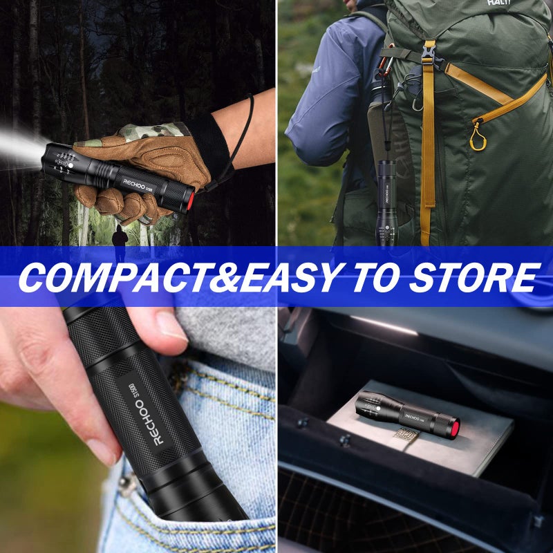 RECHOO 2 Pack LED Flashlights High Lumens - 5 Modes, Zoomable, Waterproof & Super Bright Tactical Torch for Camping, Hiking, Emergency, Home Essentials (Batteries not Included) - Image 5