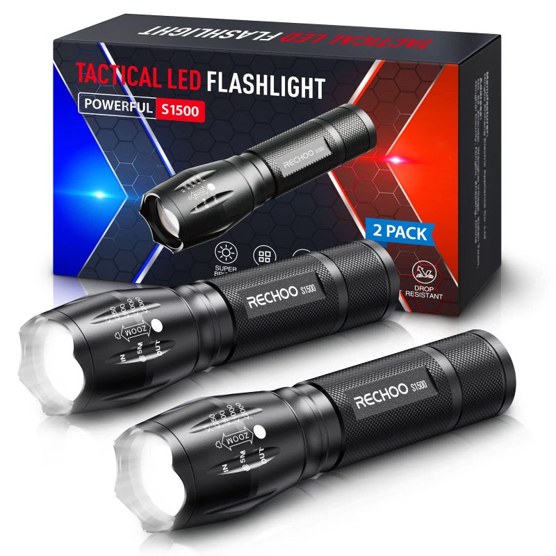 RECHOO 2 Pack LED Flashlights High Lumens - 5 Modes, Zoomable, Waterproof & Super Bright Tactical Torch for Camping, Hiking, Emergency, Home Essentials (Batteries not Included) - Image 1
