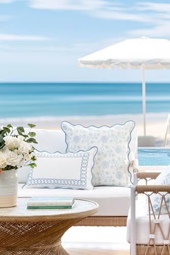 Hofdeco Premium Coastal Patio Indoor Outdoor Scalloped Throw Pillow Cover Only 20x20 Water Repellent for Backyard Couch Baby Blue Print Dahlia Floral - Image 3