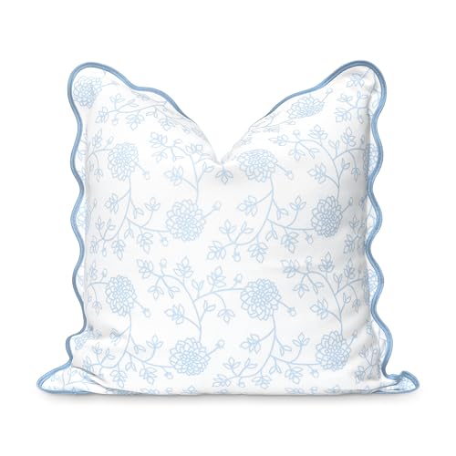 Hofdeco Premium Coastal Patio Indoor Outdoor Scalloped Throw Pillow Cover Only 20x20 Water Repellent for Backyard Couch Baby Blue Print Dahlia Floral - Image 1