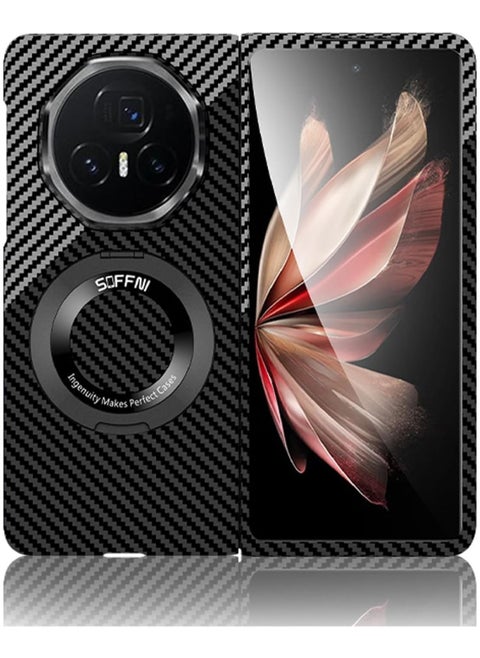 Magnetic Case Compatible with Honor Magic V3 Carbon Fiber Case with Kickstand, Lightweight Ultra Thin PC Protective Rotating Stand Cover Case for Honor Magic V3 (Black+Silver)