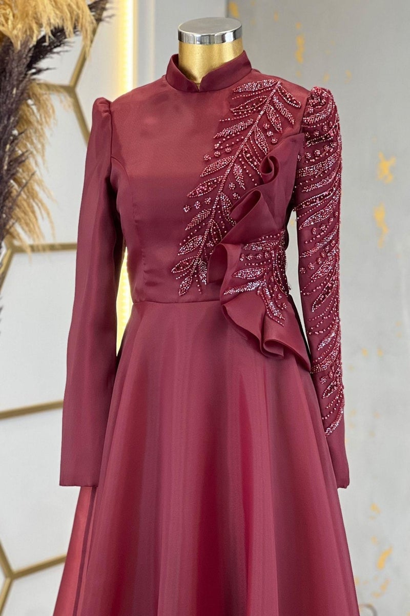 Esilanur Ela Modest Evening Dress Burgundy  - Image 3