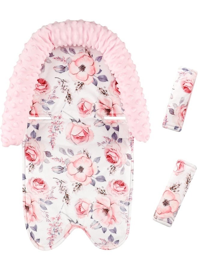 SWESEN Baby Head Support and Strap Cover for Car Seat, Mink Infant Carseat Headrest for Girls, Newborn Car Seat Insert Cushion for Strollers, Pink Floral - Image 1