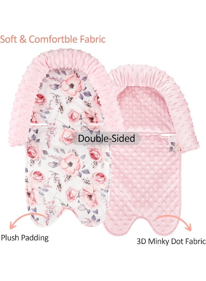 SWESEN Baby Head Support and Strap Cover for Car Seat, Mink Infant Carseat Headrest for Girls, Newborn Car Seat Insert Cushion for Strollers, Pink Floral - Image 2