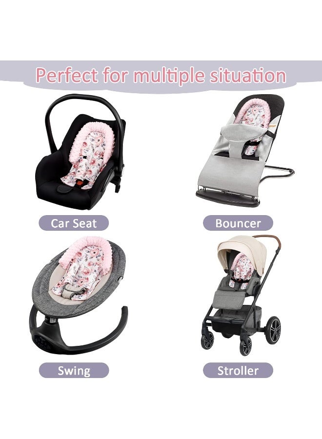 SWESEN Baby Head Support and Strap Cover for Car Seat, Mink Infant Carseat Headrest for Girls, Newborn Car Seat Insert Cushion for Strollers, Pink Floral - Image 5