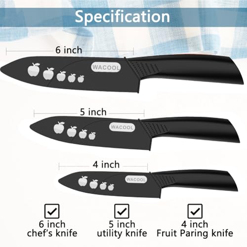 WACOOL Ceramic Knife Set with Sheaths, include 3-Piece: 6-inch Chef's Knife, 5-inch Utility Knife, 4-inch Fruit Paring Knife (Black Handle) - Image 2