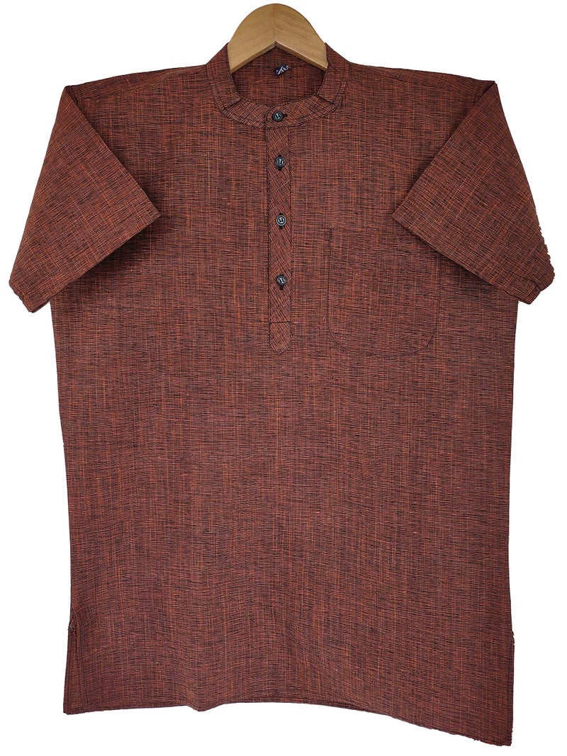 LATEST CHIKAN Men's Cotton Blend Regular Textured Short Kurta Half Sleeves - Casual Ethnic Wear -SK-DBL-O-38 Brown - Image 1