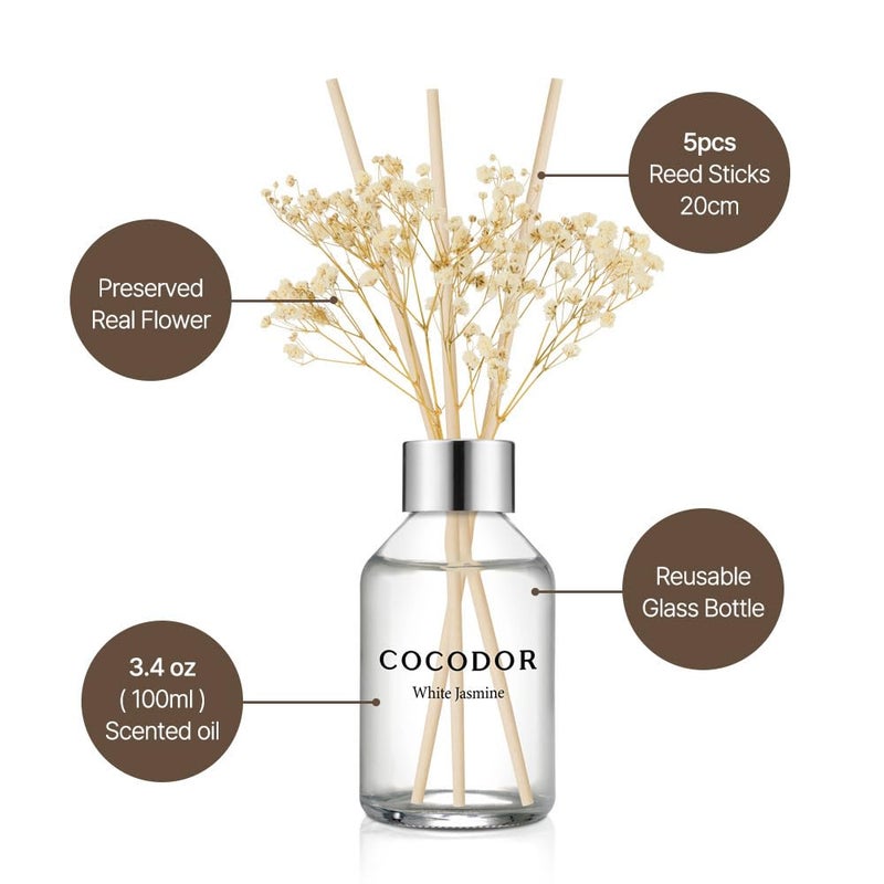 COCODOR Flower Reed Diffuser Set / 3.4oz / White Jasmine/Scent Diffuser with Sticks Home Fragrance Reed Diffuser for Bathroom Shelf Decor - Image 3