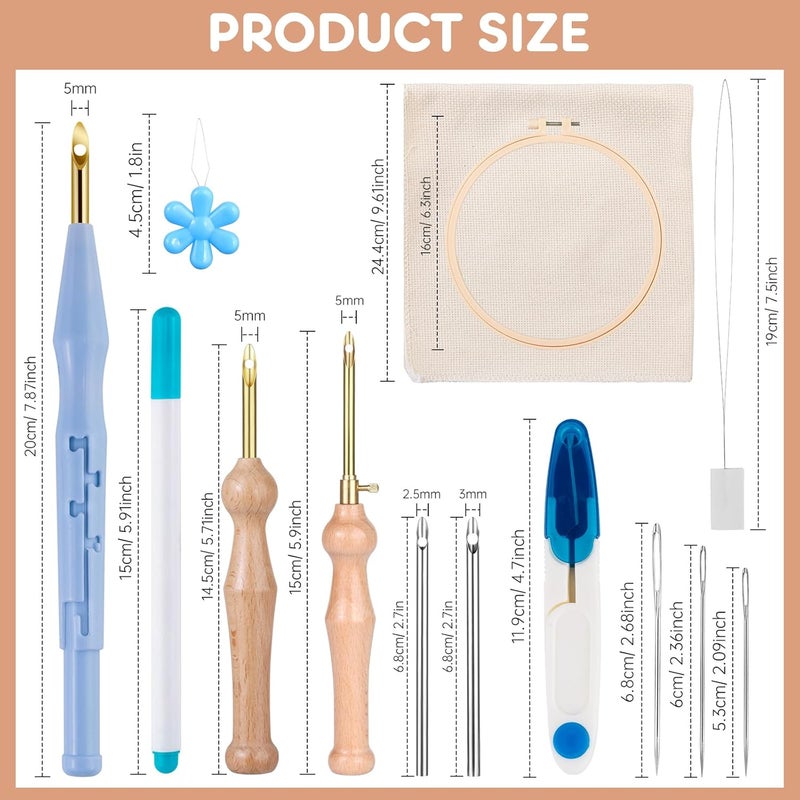 MSDADA 21-Piece Punch Needle Set, Adjustable Tool, Wooden Handle Embroidery Pens, Hoops, Cloth, Perfect for Adult Beginners & Gifts (Blue) - Image 2