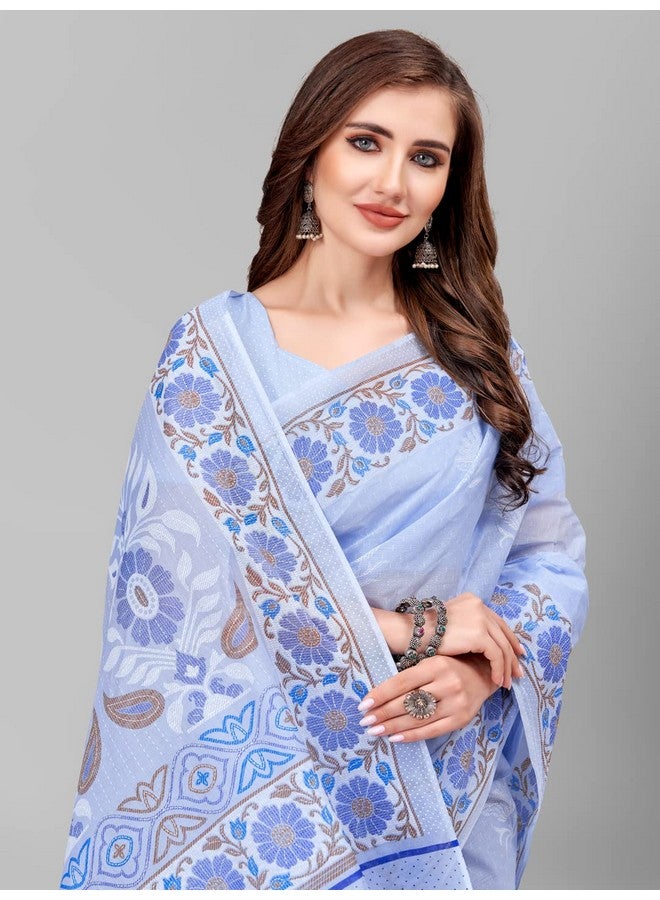 Ratan RATAN Pure Cotton Printed Mulmul Saree for Women with Blouse Piece (BGM-BP-5871_Blue)  - Image 5
