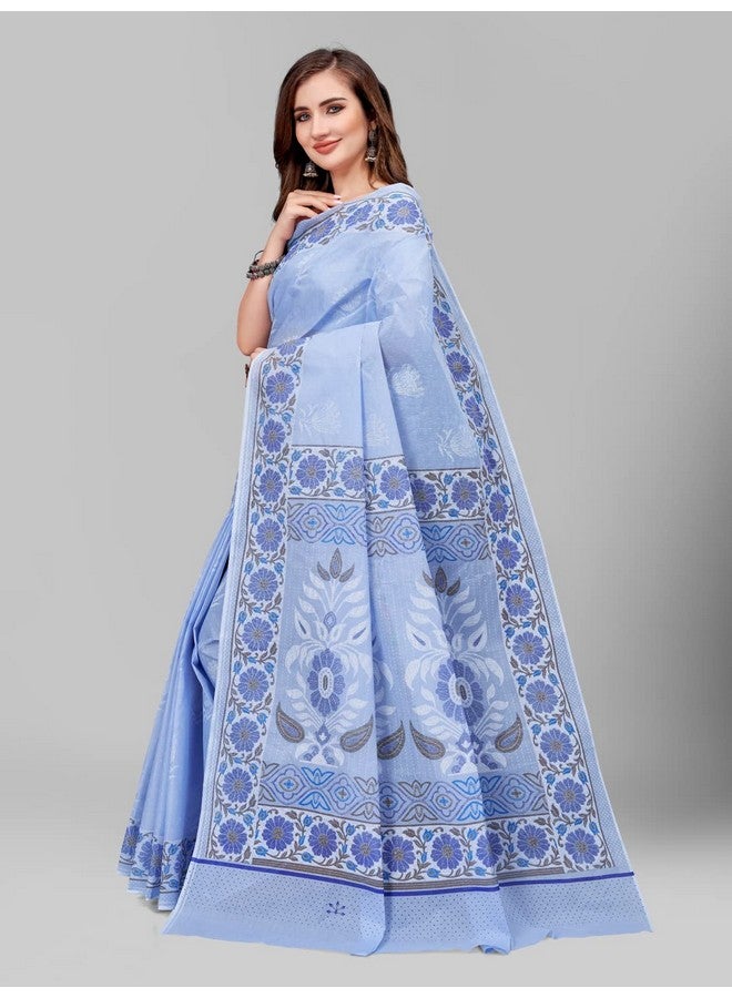 Ratan RATAN Pure Cotton Printed Mulmul Saree for Women with Blouse Piece (BGM-BP-5871_Blue)  - Image 4