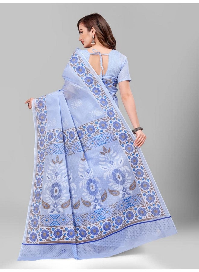 Ratan RATAN Pure Cotton Printed Mulmul Saree for Women with Blouse Piece (BGM-BP-5871_Blue)  - Image 3