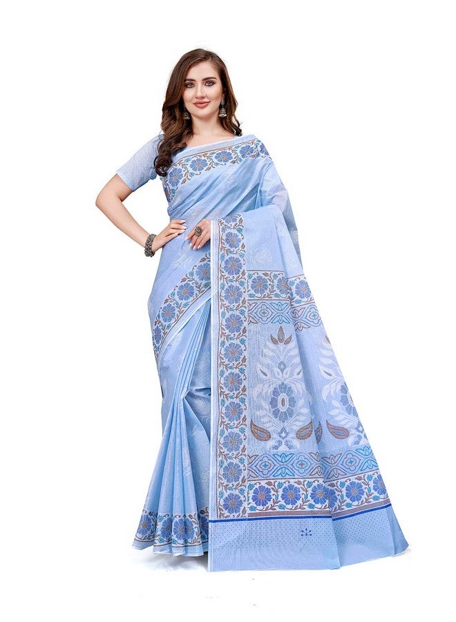 Ratan RATAN Pure Cotton Printed Mulmul Saree for Women with Blouse Piece (BGM-BP-5871_Blue)  - Image 1