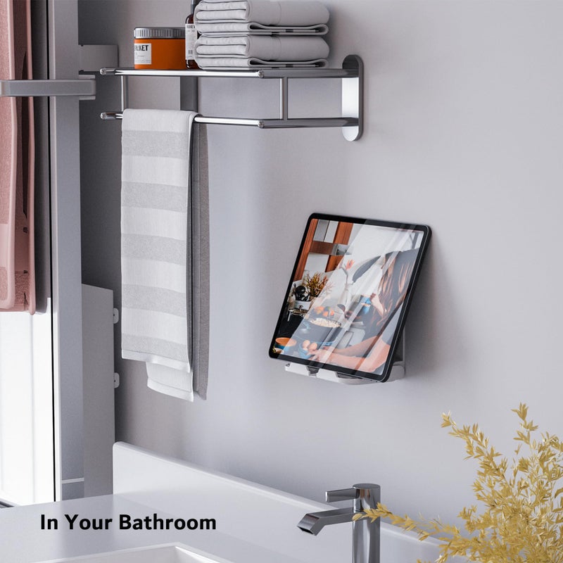 pzoz Wall Mount Cell Phone Holder for Outlet, Foldable Cellphone Stand for Mirror Bathroom Shelf Shower Bedroom Kitchen or Dorm Charging, Compatible with iPhone iPad or Tablet (White) - Image 3