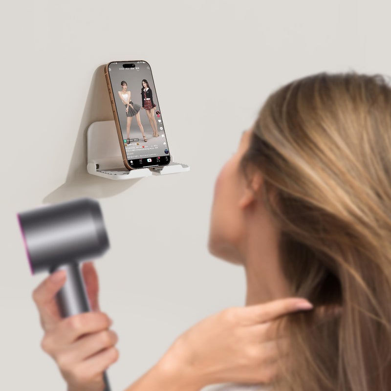 pzoz Wall Mount Cell Phone Holder for Outlet, Foldable Cellphone Stand for Mirror Bathroom Shelf Shower Bedroom Kitchen or Dorm Charging, Compatible with iPhone iPad or Tablet (White) - Image 2